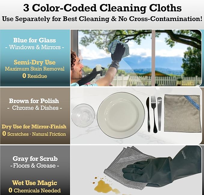 2-Step Glass Cleaning Cloth 3-Pack - Lint-Free Microfiber Towels Polish & Scrub Kit - Water Only Streak-Free for Windows, Cars, Mirrors - Blue, Brown, Gray