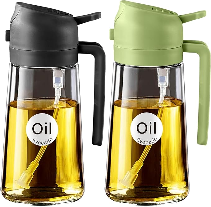 YARRAMATE Olive Oil Dispenser, 2 in 1 Oil Sprayer for Cooking, 16oz/470ml Glass Oil Spray Bottle with Pourer, Food-grade Oil Dispenser and Oil Sprayer for Kitchen, Salad, Frying, BBQ (Black & Green)