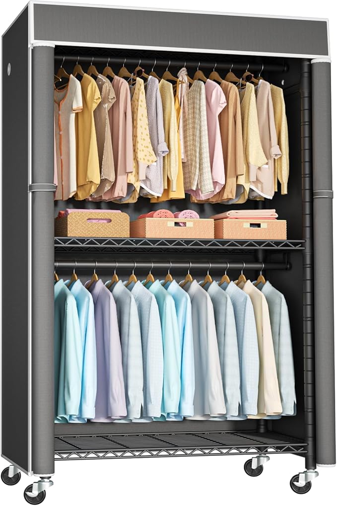 FUTASSI Black Clothing Rack with Dark Gray Cover, P1C Rolling Closets with Wheels, Metal Garment Rack for Hanging Clothes, Clothing Storage Wardrobe, 36.2" W x 16.5" D x 80.5" H, Load 450 Pounds