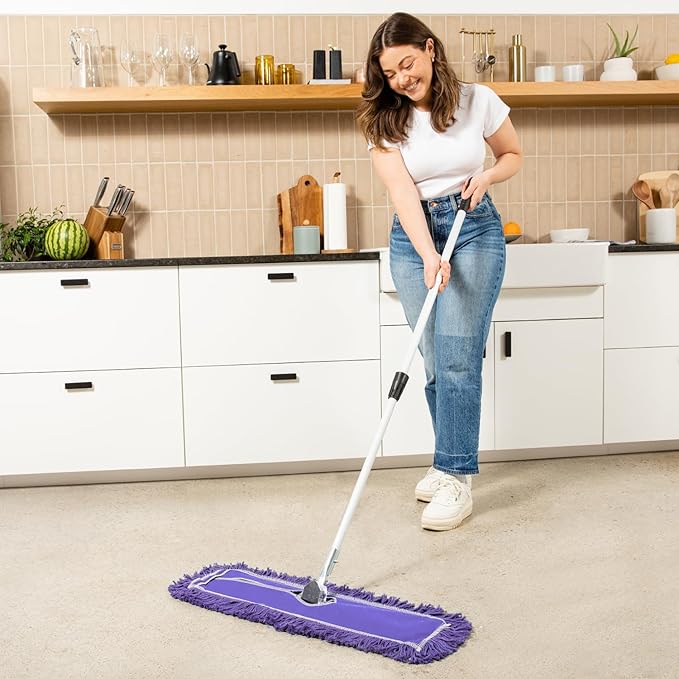 24 Inch Purple Commercial Dust Mop & Floor Sweeper with Extendable Handle – Mop for Hardwood, Tile, and Concrete Floor Cleaning