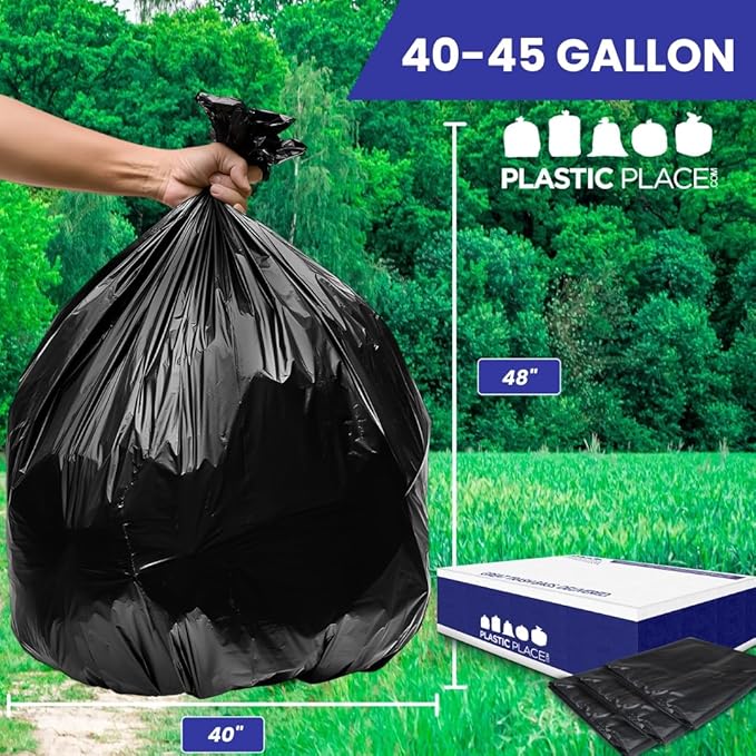 Plasticplace Contractor Trash Bags 40-45 Gallon │ 3.0 Mil │ Black Heavy Duty Garbage Bag │ 40” x 48” (50 Count)