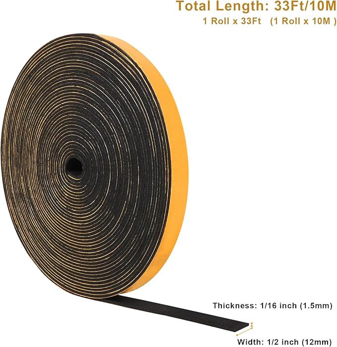 Weather Stripping Soundproof 1/2 in x 1/16 in, High Density Door Seal Strip, Weatherstrip Closed Cell Foam Insulation Tape for Window Storm Door, 1 Roll 33Ft