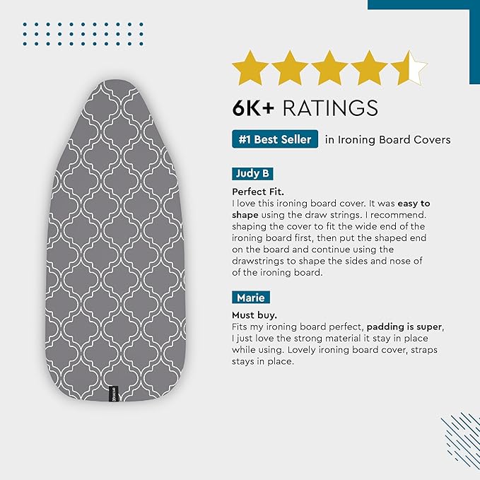 Encasa XO Ironing Board Cover and Pad 42"x14" - Thick 3mm Felt Padding, Drawstring Tightening & Lock, Easy Fit, Scorch & Stain Resistant, Fits Medium Ironing Board - Daisy Beige