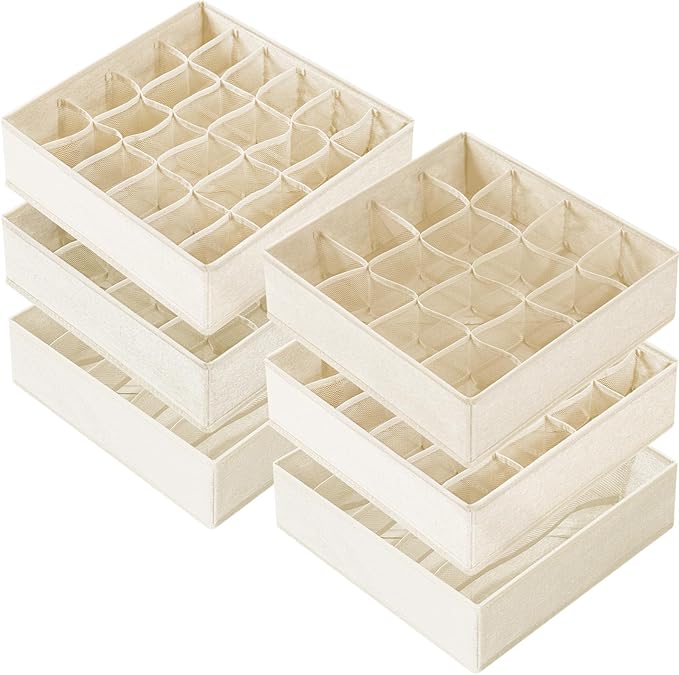 Criusia 6 Pcs Drawer Organizer Clothes - 90 Cells Closet Organizers and Storage for Baby Nursery - Washable Fabric Dresser Organizer Dividers for Sock Underwear Bra Dorm Room Essentials (Beige)