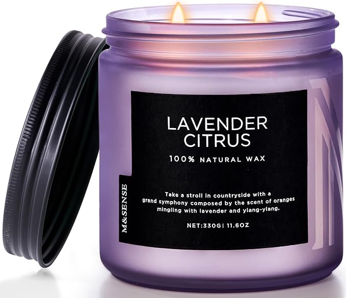 M&SENSE Soy Candles for Home Scented, 11.6oz Lavender Citrus Scent Aromatherapy 70H Burn Time, Stress Relief Gifts for Mom Girlfriend Teacher, Medium Jar Candle for Spa, Bath, Yoga