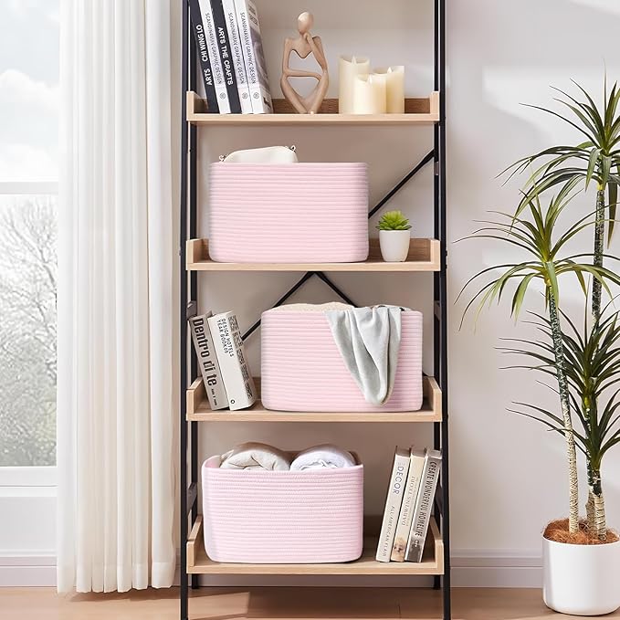3-Pack Shelf Baskets for Organizing, Woven Storage Basket for Shelves, Cotton Rope Storage Bins for Toys Books, Nursery Towel Baskets for Classroom, 14.96"X9.8"X8.85", Pink