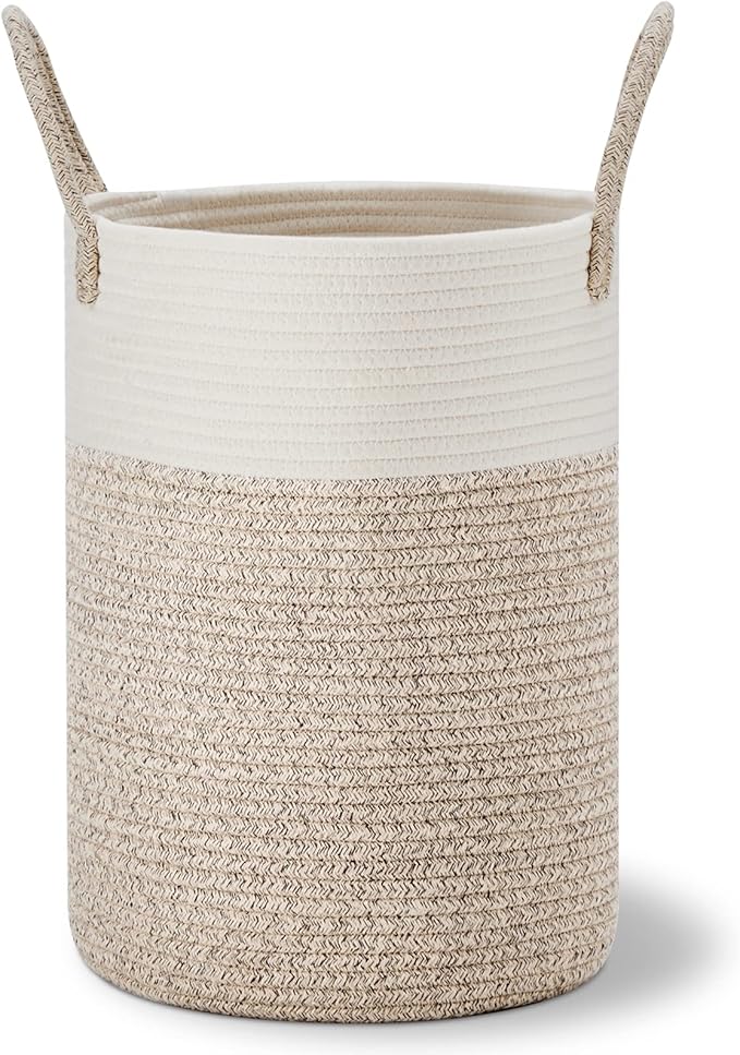 VIPOSCO Tall Laundry Hamper, Woven Rope Storage Basket for Blanket, Toys, Dirty Clothes in Living Room, Bathroom, Bedroom - 30L White & Brown