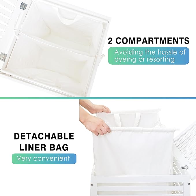 SMIBUY Double Laundry Hamper with Lid, 120L Bamboo Laundry Basket with Removable Liner Bag, 2-Section Clothes Divider Laundry Sorter for Laundry Room, Bathroom, Bedroom (White)