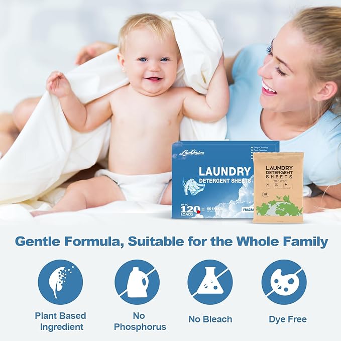 Laundry Detergent Sheet, Eco-Friendly & Hypoallergenic Wash Strips, Natural Ingredients, Ultra-Concentrated, Travel-Ready, No Plastic Jug- Unscented, (120 Loads) 60 Sheets