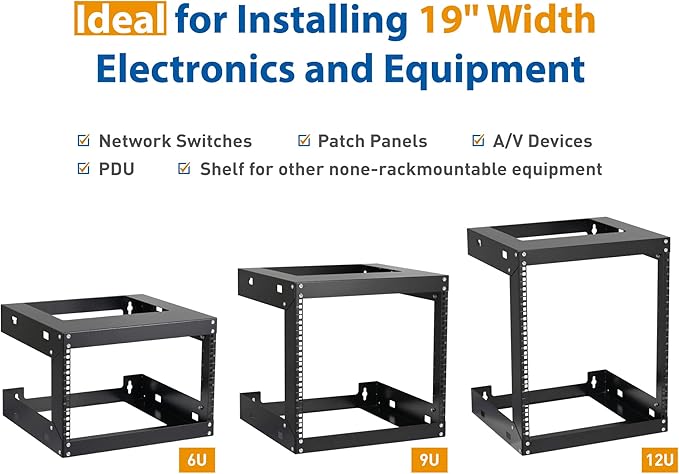 12U Wall Mount Rack Open Frame 19 Inch Server Equipment 2 Post Network Cabinet 18 inches Depth Black by Tedgetal