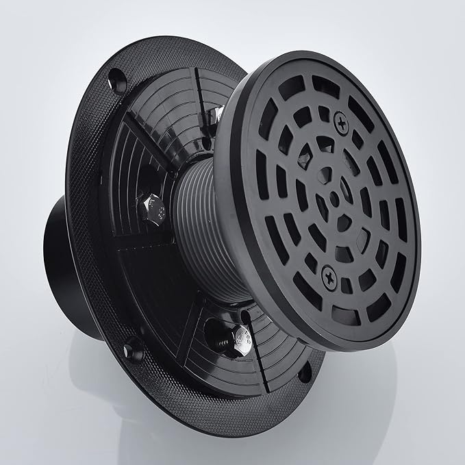 RANDOM Round Shower Drain Kit Matte Black with Adjustable Base Flange,4 Inch Shower Drain Cover with Threaded Adapter,Removable Invisible Look 304 Stainless Steel