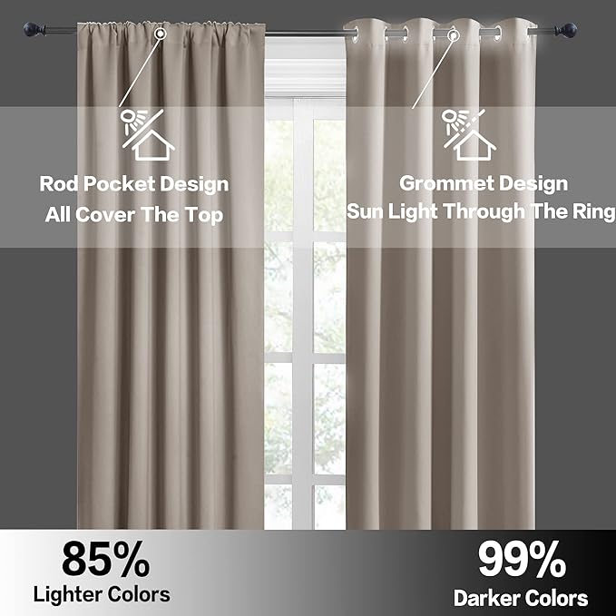 RYB HOME Room Darkening Curtains for Bedroom, Thermal Insulated Noise Reducing Window Drapes Farmhouse Decor for Living Room Kitchen, W42 x L84 inch, 2 Panels, Sand