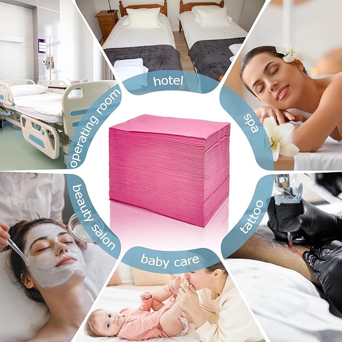 100Pcs Disposable Massage Table Sheets 31" x 71" Non-Woven Fabric Disposable Bed Sheets SPA Bed Cover Breathable Oil-Waterproof Sheets for Travel Spa Tatto Hotel Salon (Pink)