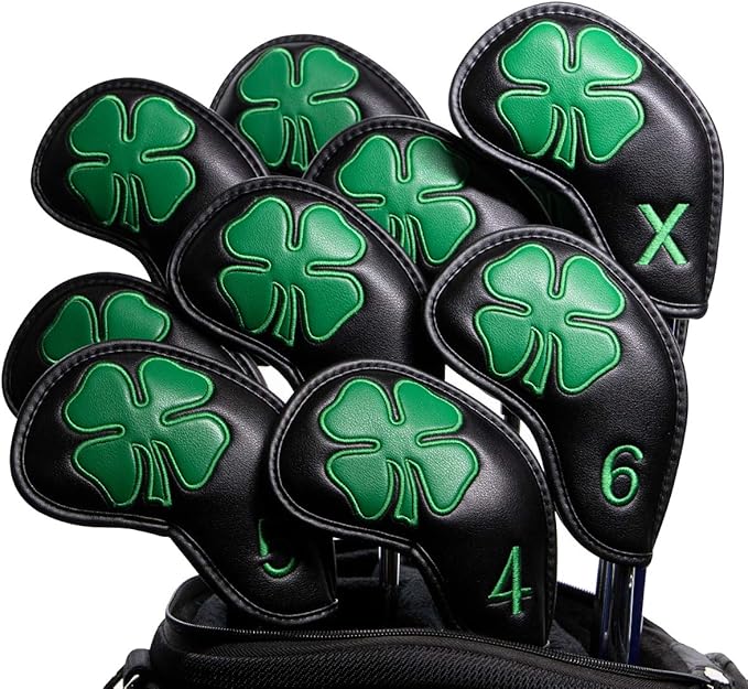 Golf Iron Covers Golf Iron Head Covers Leather Golf Iron Covers for Golf Clubs 10pcs Golf Iron Headcovers Lucky Clover Golf Club Head Covers for Iron with Magic Tape Fit All Brands
