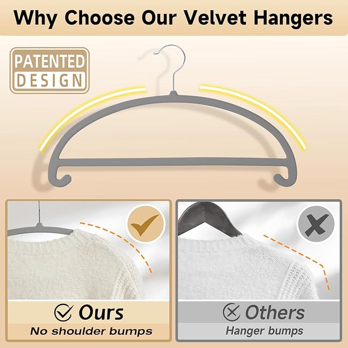 MIZGI 50 Pack Gray Velvet Hangers - No Shoulder Bumps, Heavy Duty Non-Slip Chrome Hooks for Jackets, Coats, Pants