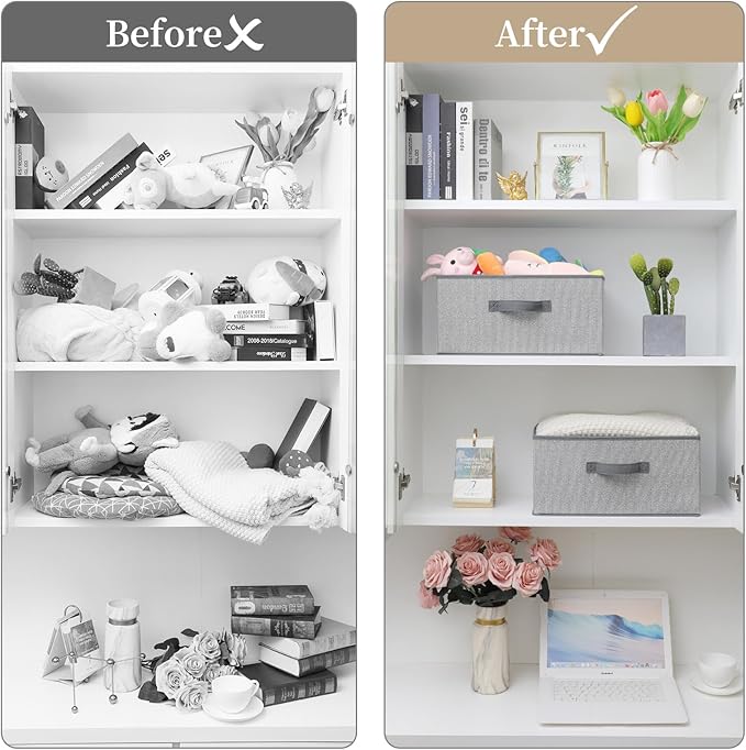 Storage Baskets, 15.7 Inch Woven Fabric Bins, Storage Cubes with Reinforced Handles, Organizer Bins for Closet Shelves, Foldable, for Toys, Clothes, Natural Beige (4PCS/Grey-15.7*11*7.8inch)