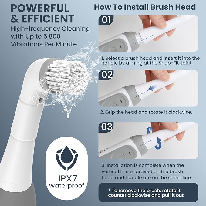 LifeBasis Rechargeable Power Scrubber, Cordless Electric Cleaning Brush, Water Resistant Small Electric Grout Brush with 5 Brushes for Home/Kitchen/Bathroom/Grout/Tile/Shower/Tub, White