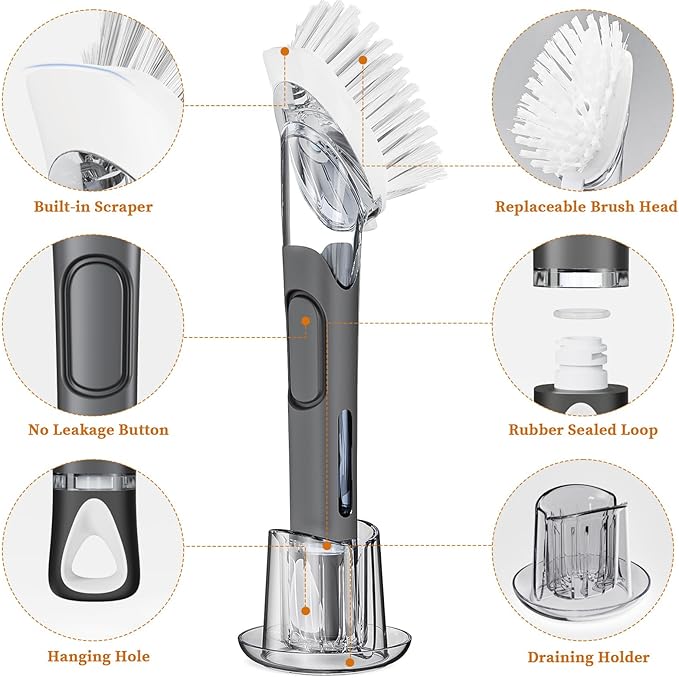 Soap Dispensing Replacement Dish Brush Storage Set with 2 PCS Brush Refills & Holder - RIMAY Dispenser Scrub Cleaning Scrubber Kitchen Dishwashing Dish Wand Handle for Dishes/Pans/Pots/Sink(Black)