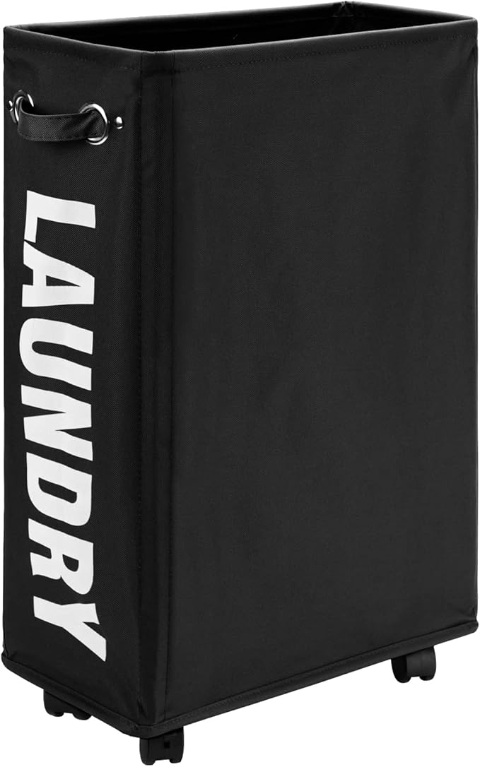 DOKEHOM 25-Inches Slim Laundry Basket on Wheels, Collapsible Rolling Laundry Hamper, Foldable Narrow Corner Clothes Storage Bins (Black)