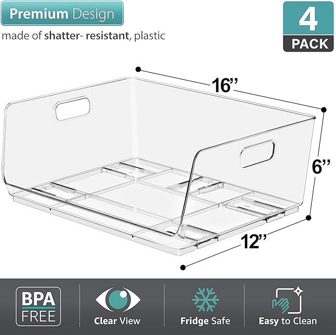 Sorbus Stackable Storage Bins Open Front - Pantry Bins for Storage and Organization - Acrylic Stackable Bins for Kitchen - Clear Pantry Organizer Bin (Large 4 Pack)