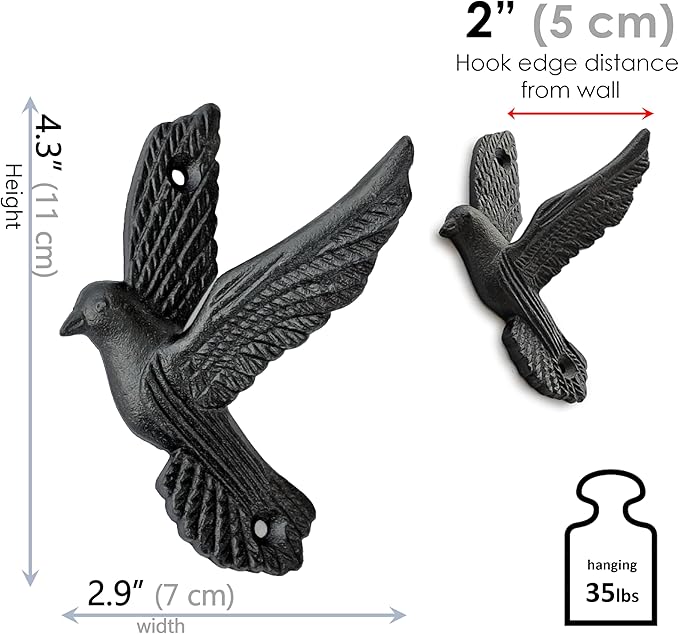 Ambipolar Flying Style Iron Cast Decorative Pigeon Bird Wall Mounted Coat Hooks, 5 Pieces, Black