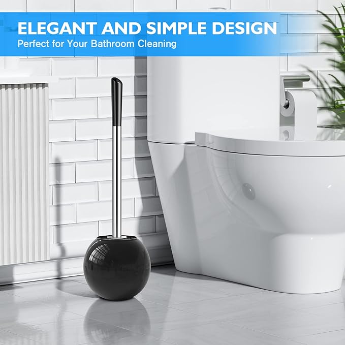 Toilet Brush and Holder 2 Pack, 304 Stainless Steel Toilet Brush with Extended and Durable Comfortable Brush Handle, Toilet Bowl Brush for Bathroom Toilet - Ergonomic, Pratical Durable (Black)