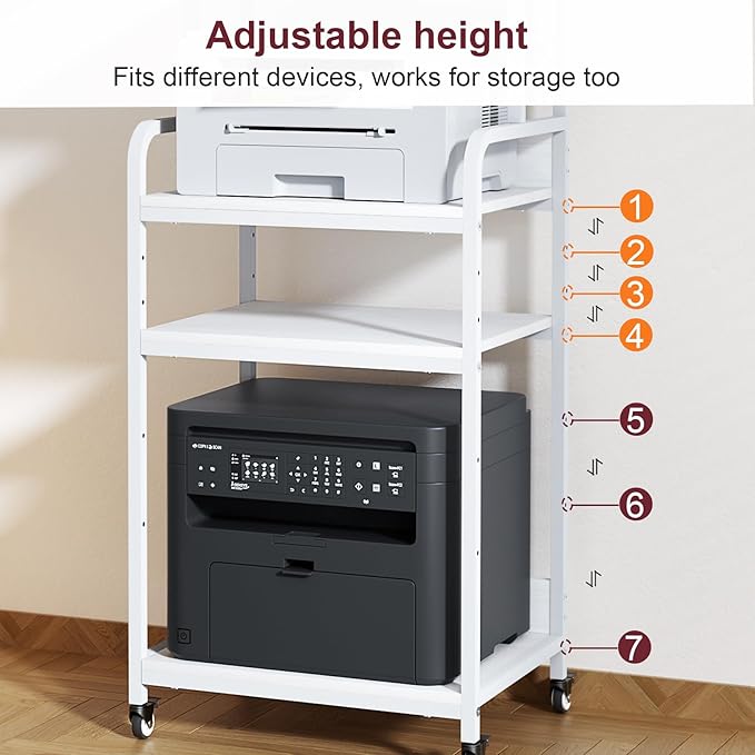 4 Tier White Printer Stand with Storage Shelf, Large Tall Printer Table for Home Office, Rolling Printer Cart with Industrial Wheels for Paper Shredder Scanner Fax Heat Press Small Space (White)