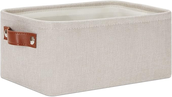 DULLEMELO Small Storage Basket for Shelves, Small Fabric Collapsible Rectangular Storage Bin for Shelves, Closets, Nursery, Home, Office, Empty Gift Basket (Beige)