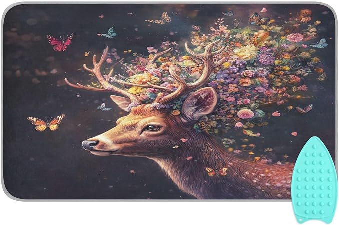 Deer with Butterfly Floral Ironing Mat Thickened Ironing Blanket Travel Portable Double-Side Using Ironing Pad Travel Isolate Heat Pad Cover for Washer Dryer Table Top Countertop 27.6x47.2in