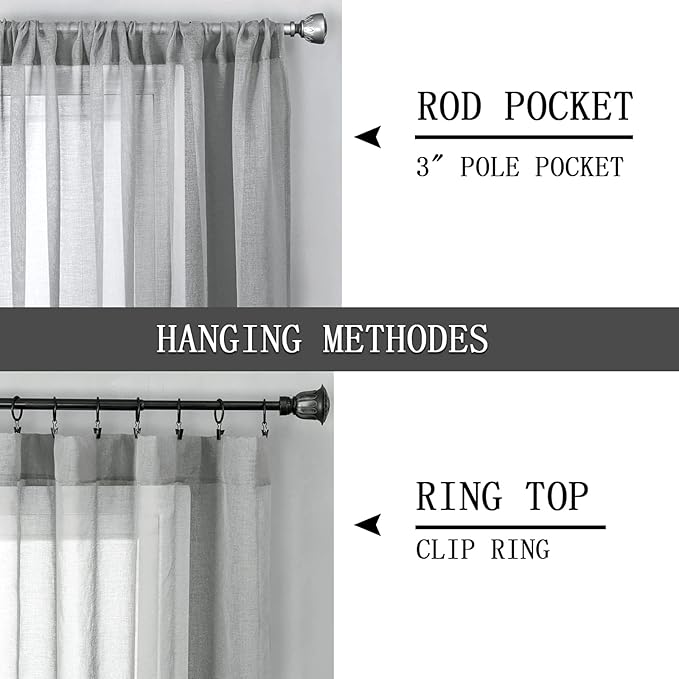 Tollpiz Sheer Tier Curtain Linen Textured Half Kitchen Curtains Sheer Light Filtering Rod Pocket Voile Small Curtains for Bathroom, 25 x 36 inches Long, Silver Grey, Set of 2 Panels