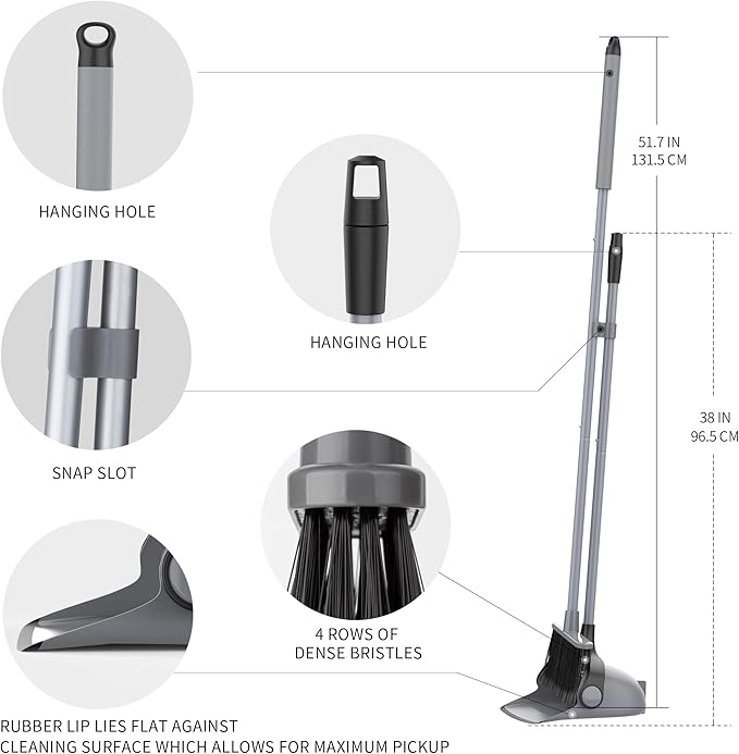MR.SIGA Broom and Dustpan Set with Adjustable Long Handle, Upright Combo for Floor, Cleaning Lobby, Gray