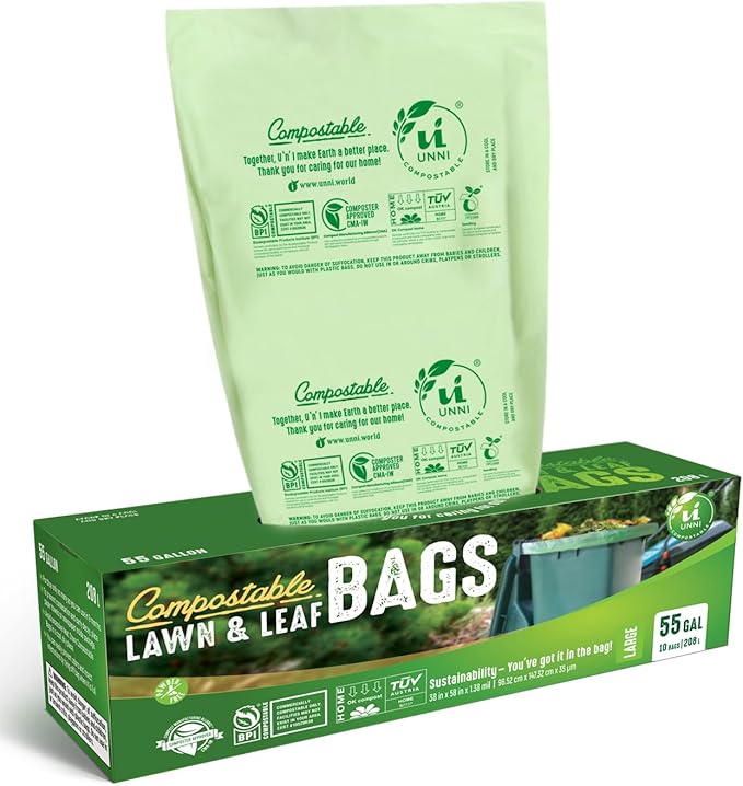 UNNI Compostable Trash Bags, 44-55 Gallon / 208 Liter, 10 Count, Extra Thick 1.38 mil Large Bin Liners for Commercial & Yard Waste, BPI, CMA & OK compost HOME Certified (Meets ASTM D6400)