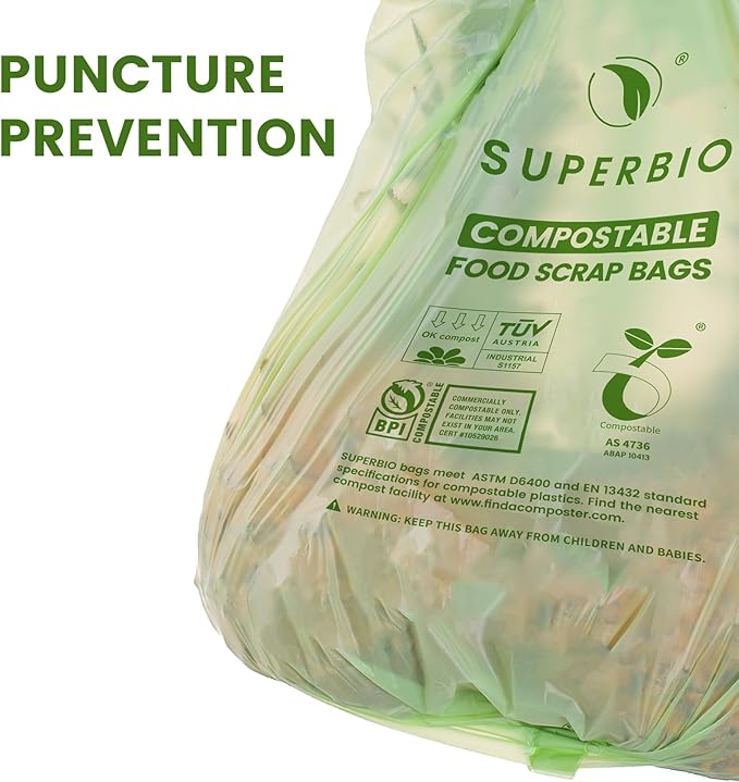 SUPERBIO 2.6 Gallon Compostable Bags with Handles, 100 Count,1 Pack, Food Scrap Bags Certified by BPI and OK compost INDUSTRIAL, 9.84L