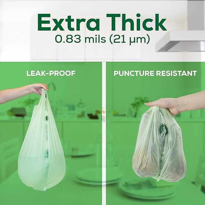 ANECO 4 Gallon Compostable Food Waste Bags with Handles, Extra Thick Compost Bags for Medium Kitchen Garbage/Bathroom Bin, OK Compost HOME & BPI Certified Compostable Bags