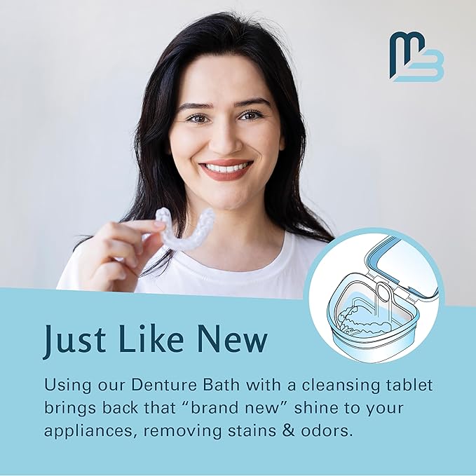 Denture Bath Case and Retainer Case, Denture Bath Cup for Invisalign Retainers Mouthguards Dentures Cleaner Kit with Strainer Spill-Free Portable Retainer Cleaner Case by M3 Naturals