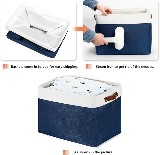 DULLEMELO Large Storage Baskets, Fabric Storage Bins for Organizing Foldable Linen Shelf Baskets for Clothes, Toys, Closet, Laundry (White&Blue,16"x12"x12"-1 Pack)