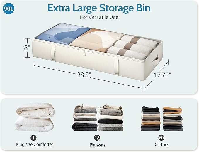 2-Pack Under Bed Storage Containers, 8 Inches Tall Underbed Clothes Storage Organizer Bin with Sturdy Sidewalls/Bottom, Under the Bed Storage Bags 2 Storage Bins, Beige