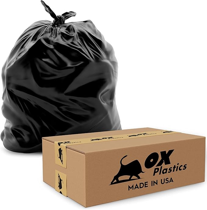 Ox Plastics Trash Can Liners Bags - 60 Gallon Capacity & 3mil Thick Extra Heavy Duty Strength - 50 Large Garbage, Leak-Proof & Durable, House & Commercial Use Bags Black