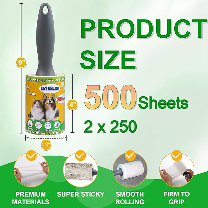 Lint Roller for Pet Hair 500 Sheets Extra Sticky Pet Hair Remover for Clothes Furniture Carpet Cleaner Cars Dogs Travel-Friendly Grip Handle White