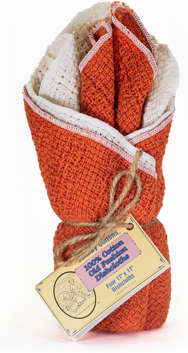 Old Fashion 100% Cotton Dishcloths - Set of 4 Mixed Colors - 2 Pumpkin Spice/2 Natural -11" x 11"