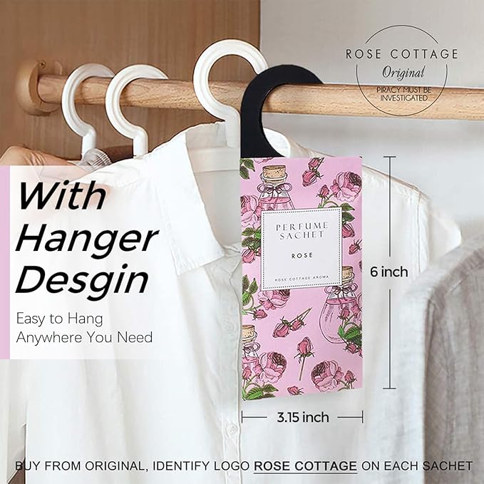 ROSE COTTAGE Large 12 Packs Rose Hanging Closet Deodorizer Air Freshener Long Lasting Scented Sachets Smell Goods for House