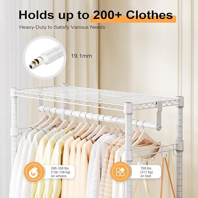 Heavy Duty Rolling Garment Rack 3 Tiers Adjustable Wire Shelving Clothes Rack with 2 Rods and Side Hooks,Storage Closet Clothing Rack with Wheels White 15.7" D x 29.5" W x 74.5" H