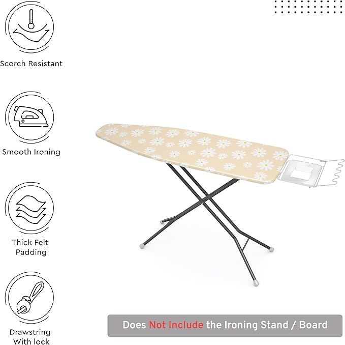 Encasa XO Ironing Board Cover and Pad 42"x14" - Thick 3mm Felt Padding, Drawstring Tightening & Lock, Easy Fit, Scorch & Stain Resistant, Fits Medium Ironing Board - Daisy Beige