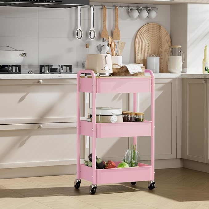 3 Tier Rolling Cart with Table top, Metal Rolling Utility Cart, Sturdy Storage Organizer Cart with Locking Wheels & Hooks for Office, Classroom, Kitchen and Bathroom，Pink