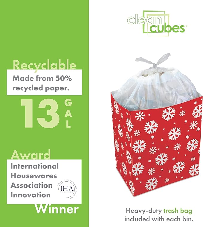 13 Gallon Disposable Pop-Up Trash Cans (3-Pack) with Fitted Bags – Foldable Garbage & Recycling Bins for Parties, Events & Kitchen (Snowflake, 17" H x 13.5" W x 10" D)