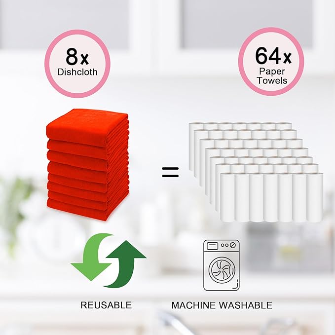 kimteny 13x28 Inches Kitchen Cloth Dish Towels, 400 GSM Premium Dishcloths, Super Absorbent Coral Velvet Microfiber Cleaning Cloths, Fast Drying Rags for Washing Dishes (8 Pack, Red)
