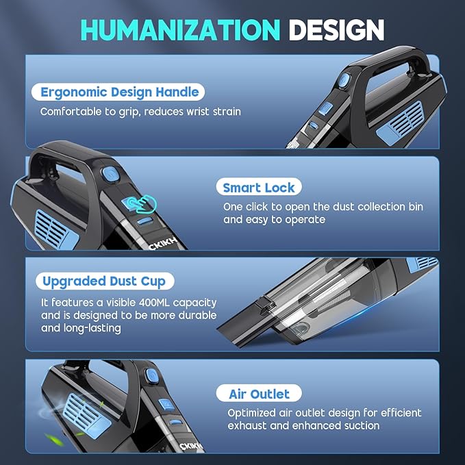 Handheld Vacuum Cordless, 15000PA Strong Suction Hand Held Car Vacuum Cleaner Portable with Multi-Nozzles & Washable Filter, Lightweight Dust Busters Rechargeable for Home, Car, Office, Pets