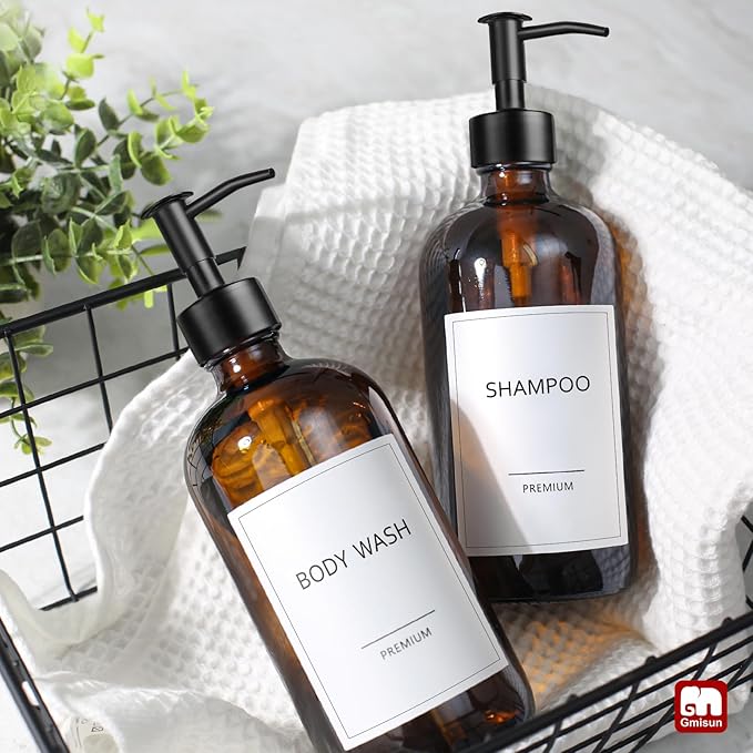 GMISUN Amber Glass Soap Dispenser, 2 Pack Bathroom Hand Soap Dispensers with Stainless Steel Pump, 17 Fl Oz Kitchen Hand and Dish Soap Dispenser Set, Modern Vintage Liquid Brown Soap Dispensers Bottle