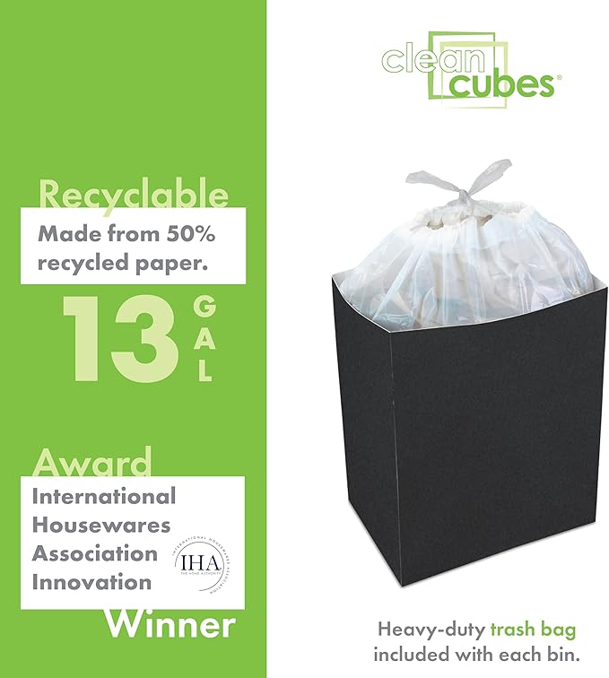 13 Gallon Disposable Trash Cans (6-Pack) with Fitted Trash Bags - Reusable Garbage and Recycling Bins for Parties, Events, and More (Black- 17" Height x 13.5" Width x 10" Depth)