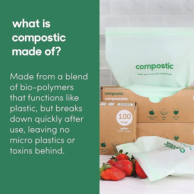 Compostic Home Compostable Resealable Sandwich Bags (7"x7"), Microwave & Freezer Safe, Organic Food Storage Container, 30 Count (Pack of 2)